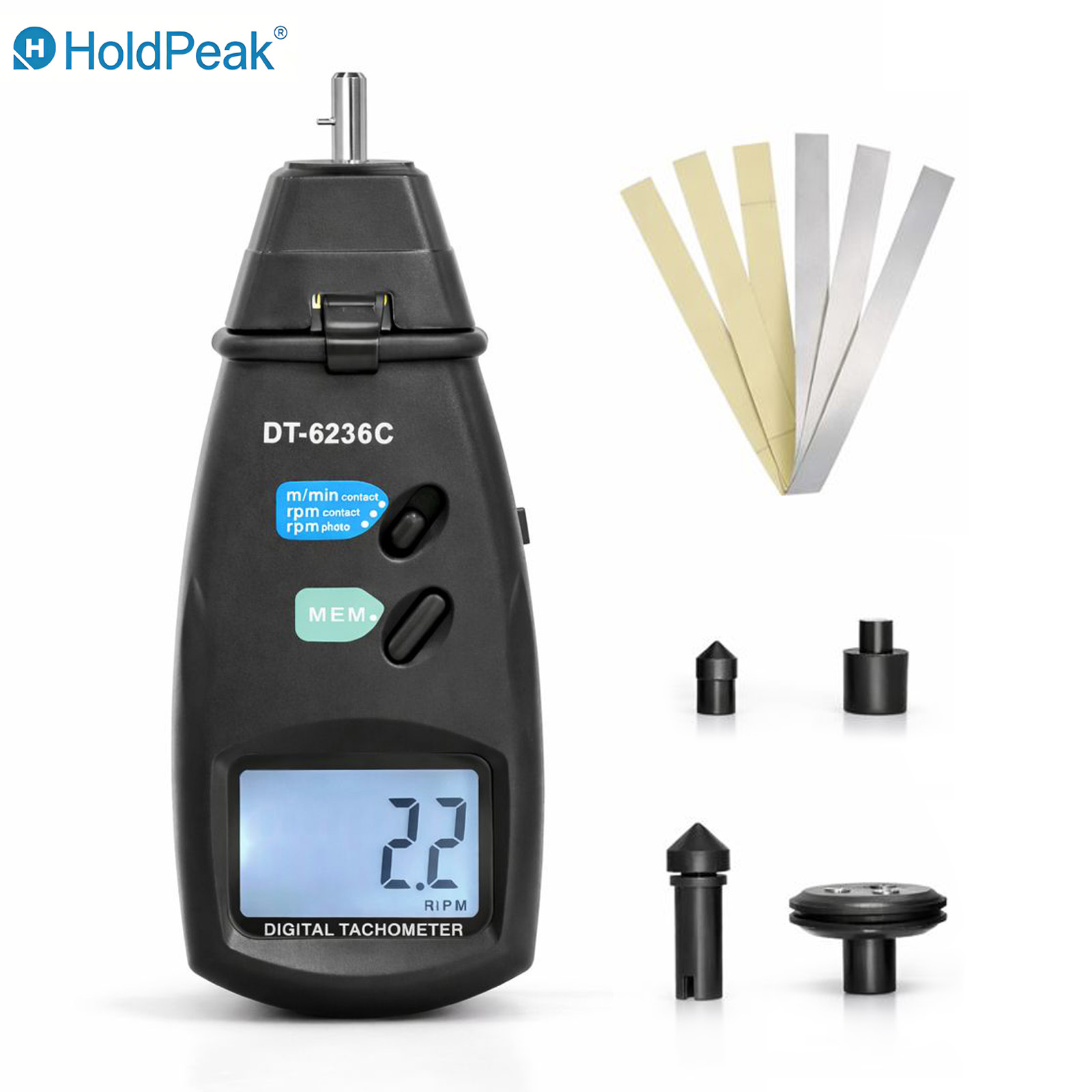 Industrial Laser Tachometer - HoldPeak コンタクト＆レーザータコメーター 2.5-99999RPM ±0.05% 精度 表面速度データメモリ
